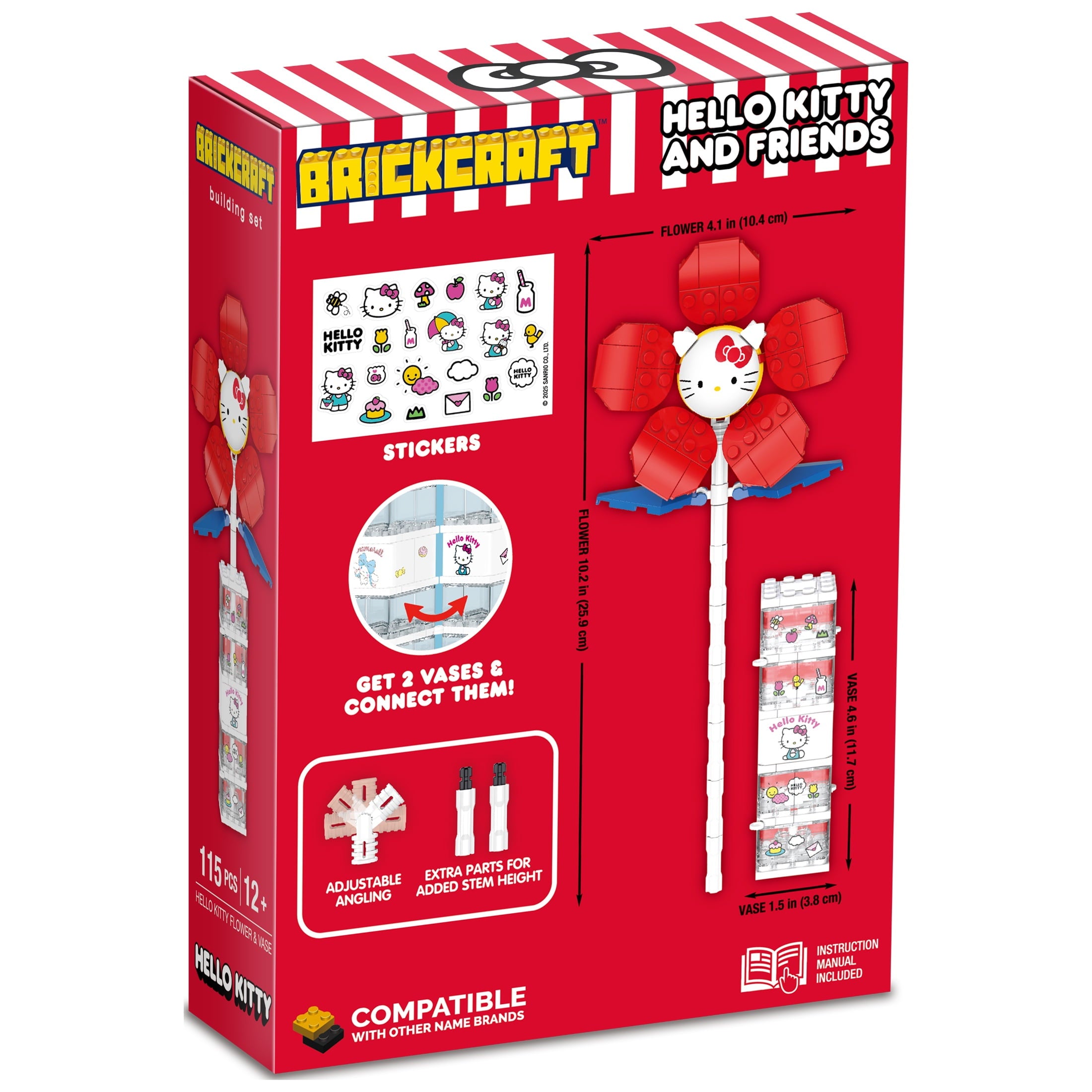 Brickcraft Hello Kitty Flower & Vase Building Kit (115 Plastic Pieces), Sanrio Hello Kitty Collection, Floral Decoration & Modular Vase Bouquet, Cute Home Décor