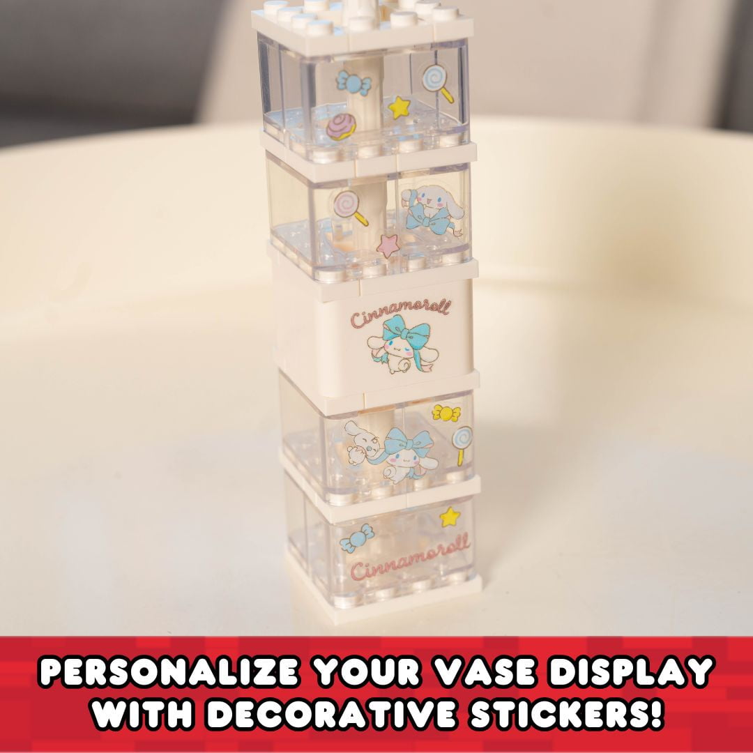 Brickcraft Cinnamoroll Flower & Vase (122 plastic pcs) – Sanrio Building Kit, Floral Décor & Modular Bouquet for Cute Home Display for Him or Her