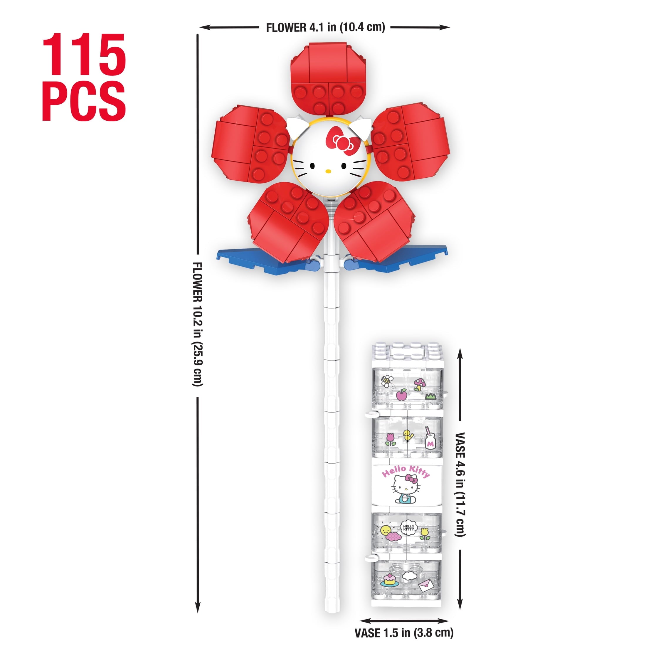 Brickcraft Hello Kitty Flower & Vase Building Kit (115 Plastic Pieces), Sanrio Hello Kitty Collection, Floral Decoration & Modular Vase Bouquet, Cute Home Décor