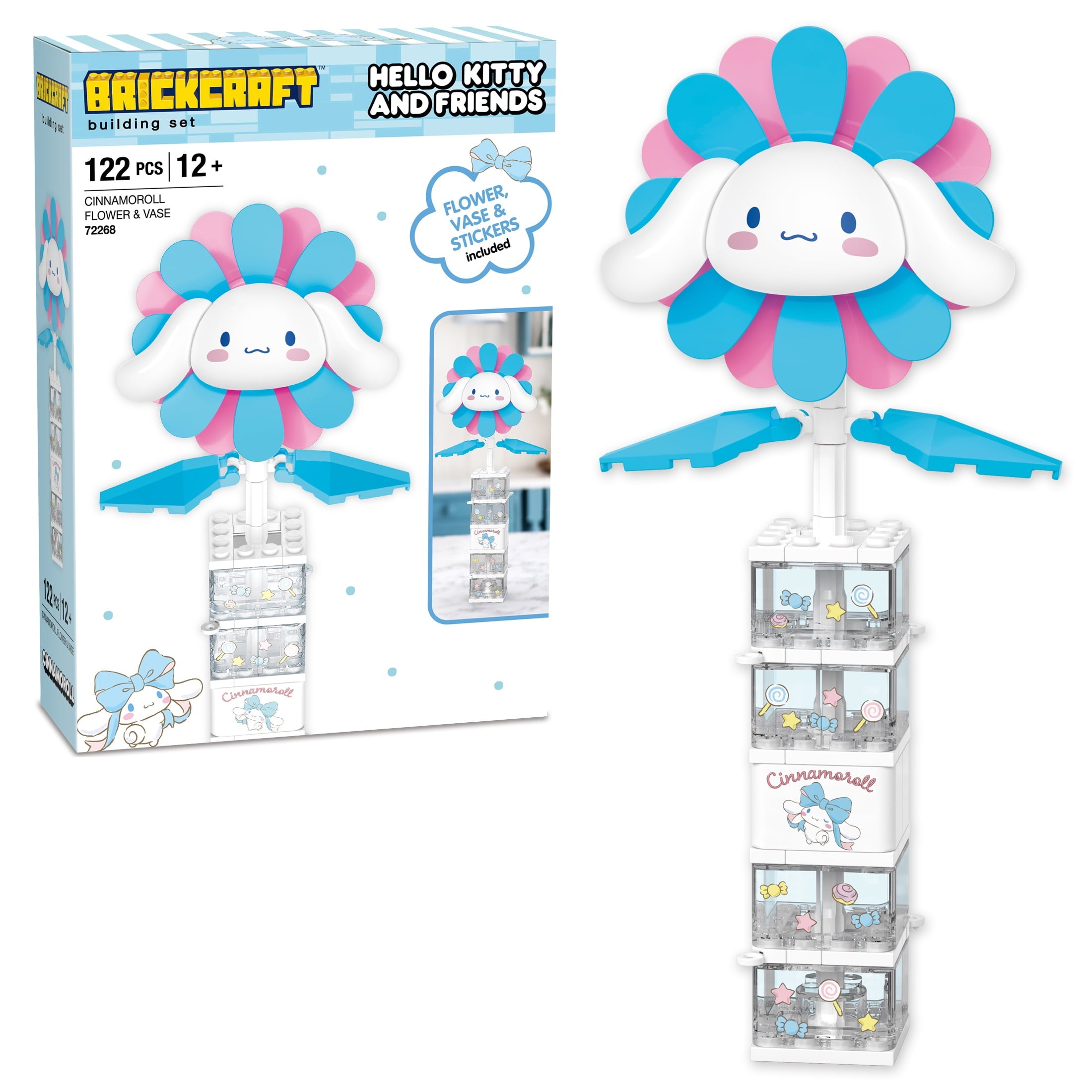 Brickcraft Cinnamoroll Flower & Vase (122 plastic pcs) – Sanrio Building Kit, Floral Décor & Modular Bouquet for Cute Home Display for Him or Her
