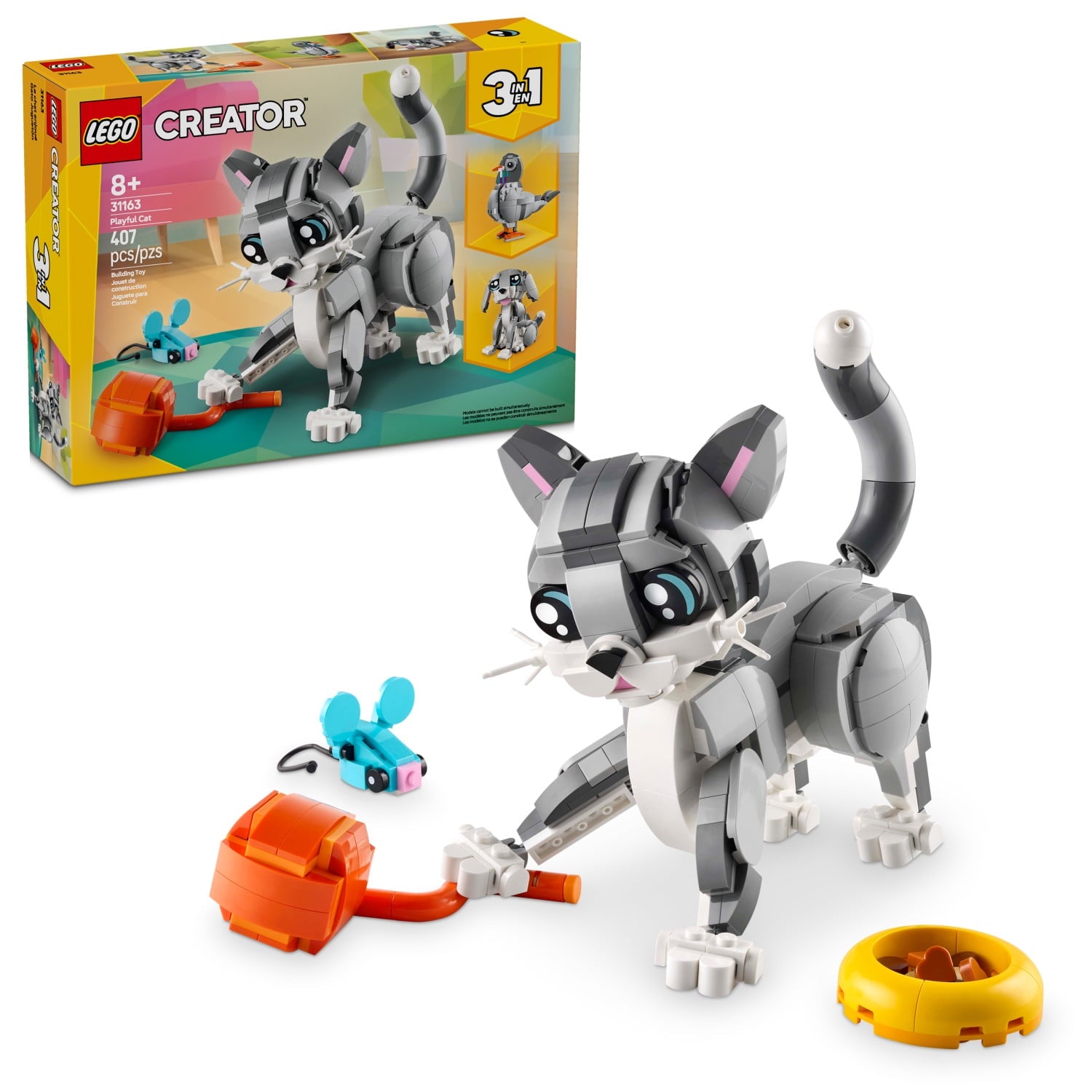 LEGO Creator 3in1 Playful Cat Toy - Building Toys W/ 3 Building Options, Cat, Dog, or Pigeon - Animal Figures for Kids, Girls & Boys, Ages 8+ - Gift Ideas for Birthday - 31163
