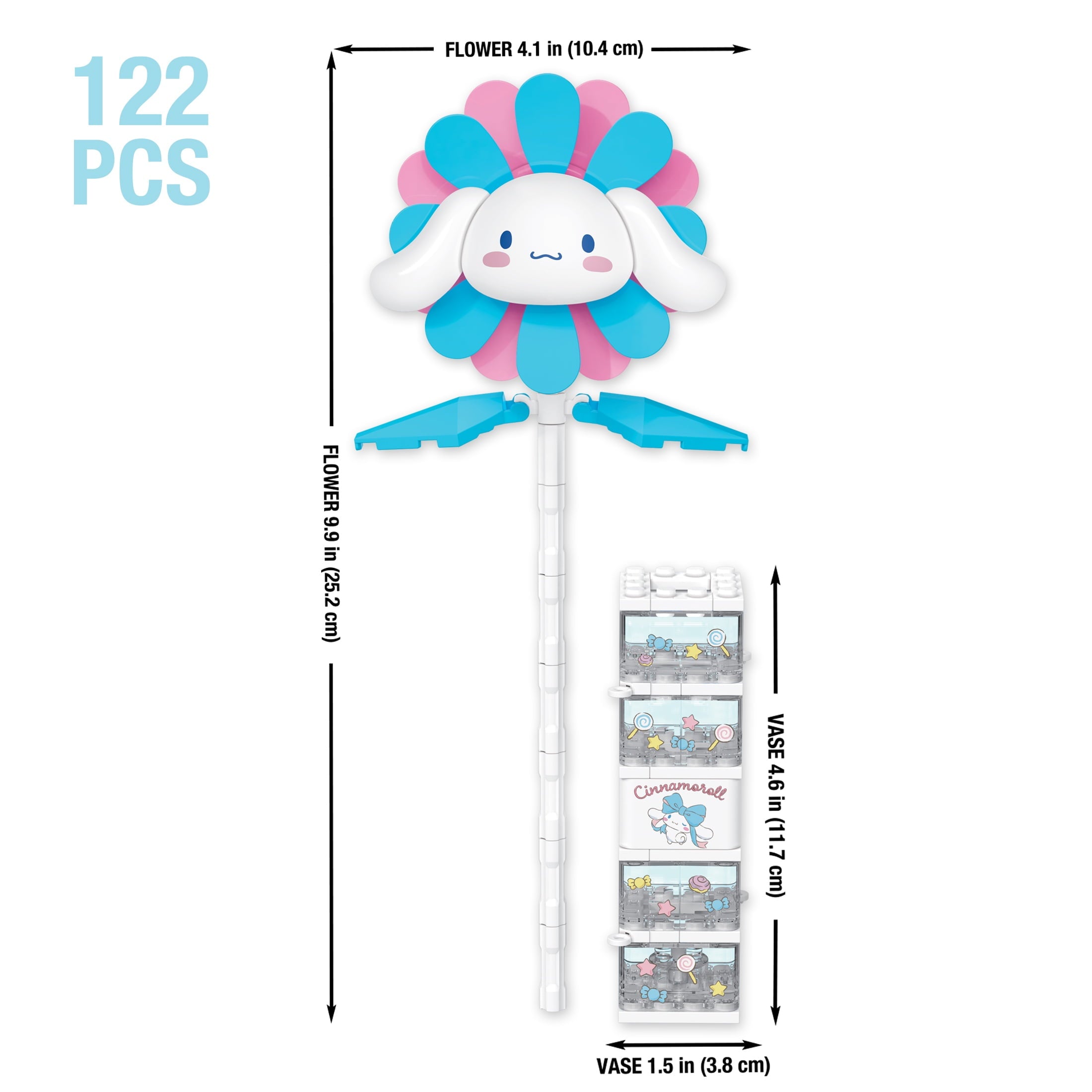 Brickcraft Cinnamoroll Flower & Vase (122 plastic pcs) – Sanrio Building Kit, Floral Décor & Modular Bouquet for Cute Home Display for Him or Her
