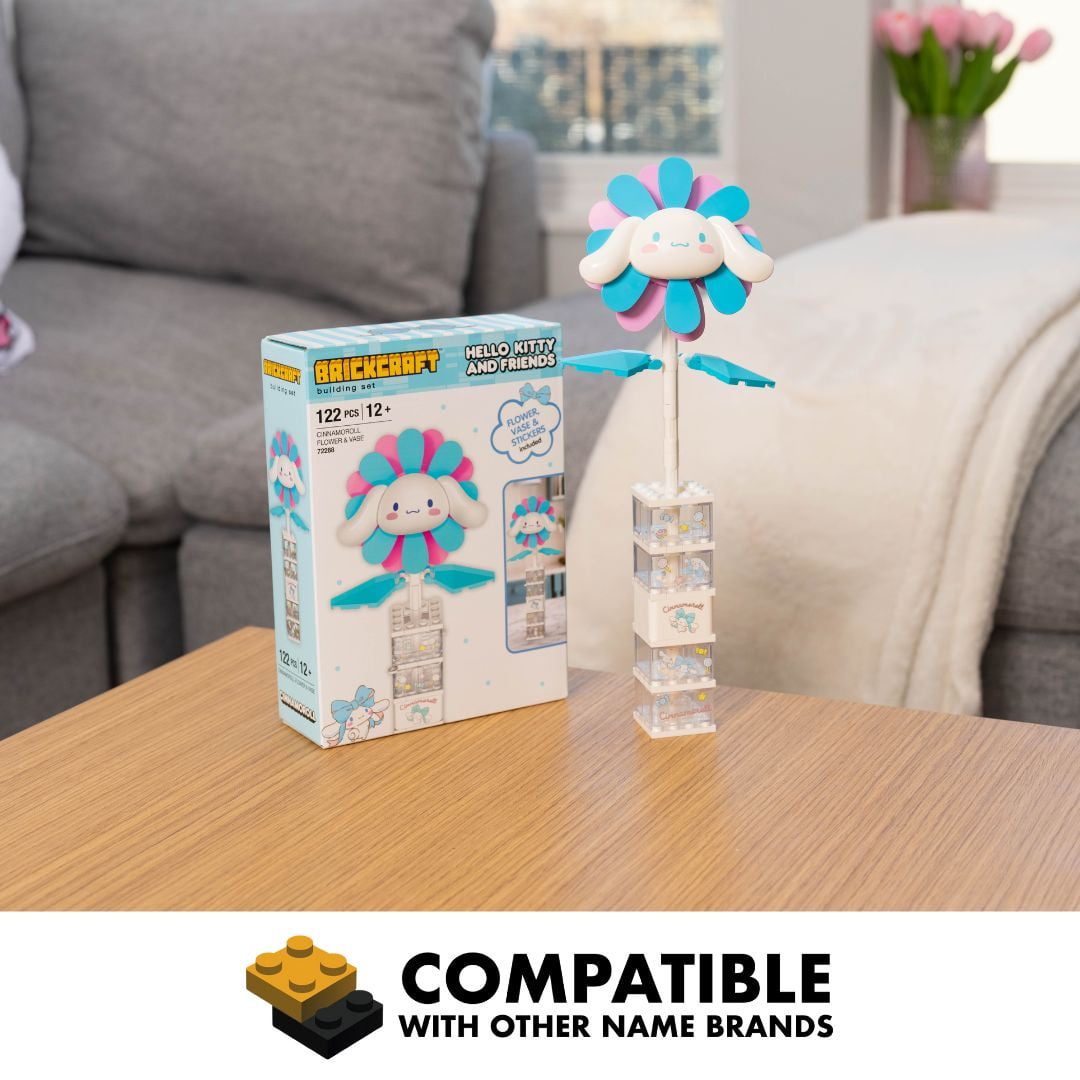 Brickcraft Cinnamoroll Flower & Vase (122 plastic pcs) – Sanrio Building Kit, Floral Décor & Modular Bouquet for Cute Home Display for Him or Her